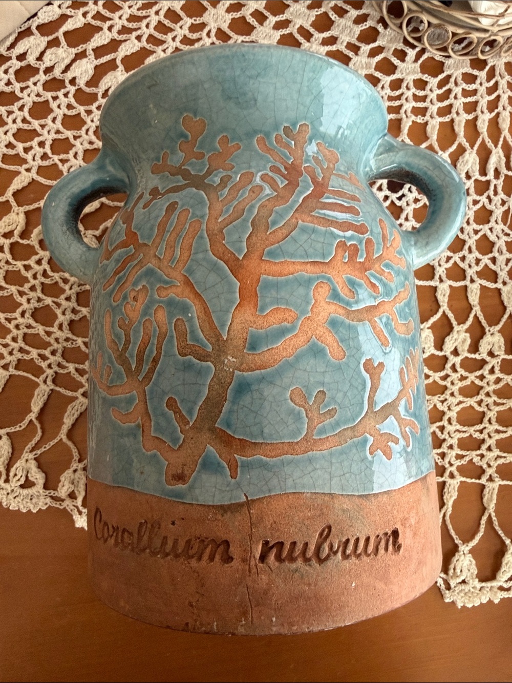 Vintage Coastal Terracotta Utensil Holder coral design crock beach cottage large